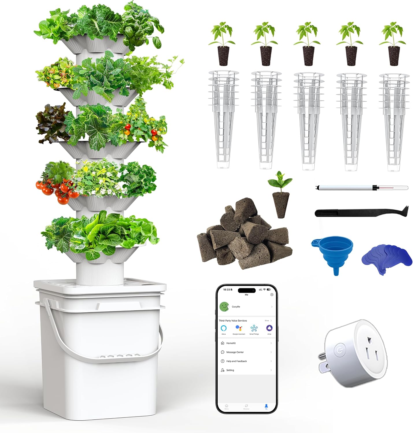 Hydroponic Tower - 水耕栽培システムキット 5層水耕タワー 30個の植え付け穴 省スペース 垂直ガーデニングシステム 室内に最適