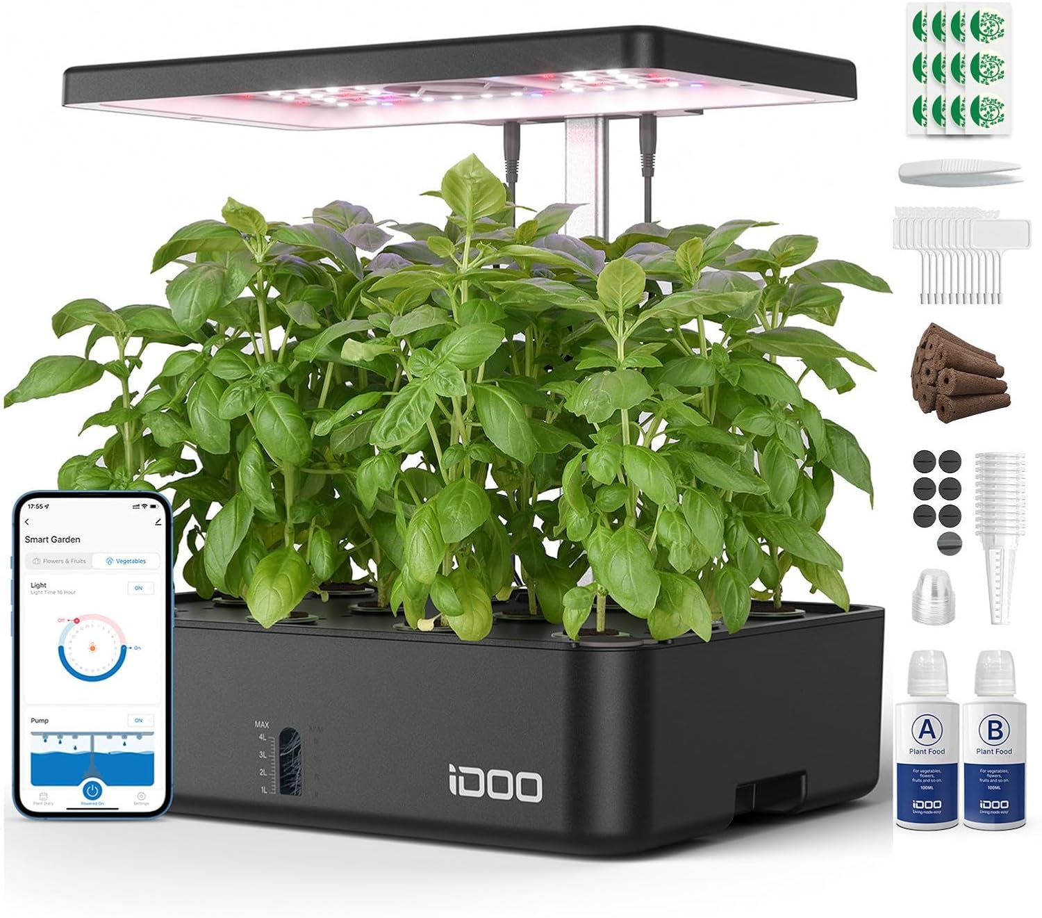 Hydroponic Grow Pod - 12ポッドWiFi水耕栽培システム 室内ガーデンハーブキット LED育成ライト 自動タイマー ポンプファン 高さ調整可能