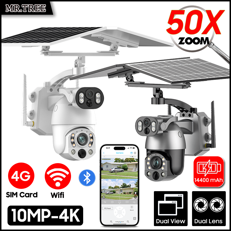 Garden Camera - デュアルレンズ付きソーラーカメラ,4G SIMカード,PTZ監視,wifi,屋外セキュリティ,ヒューマノイド追跡,IP cctvカメラ,4K, 50倍光学ズーム,10mp