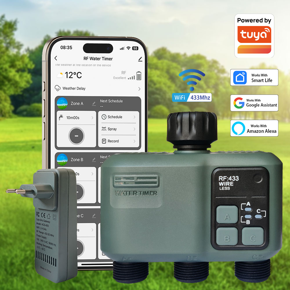 Smart Garden Kit - Tuya Wifi+RF433 3口給水タイマー ガーデン用ウォータータイマー 雨遅延フィルター プログラム可能な自動灌漑コントローラー